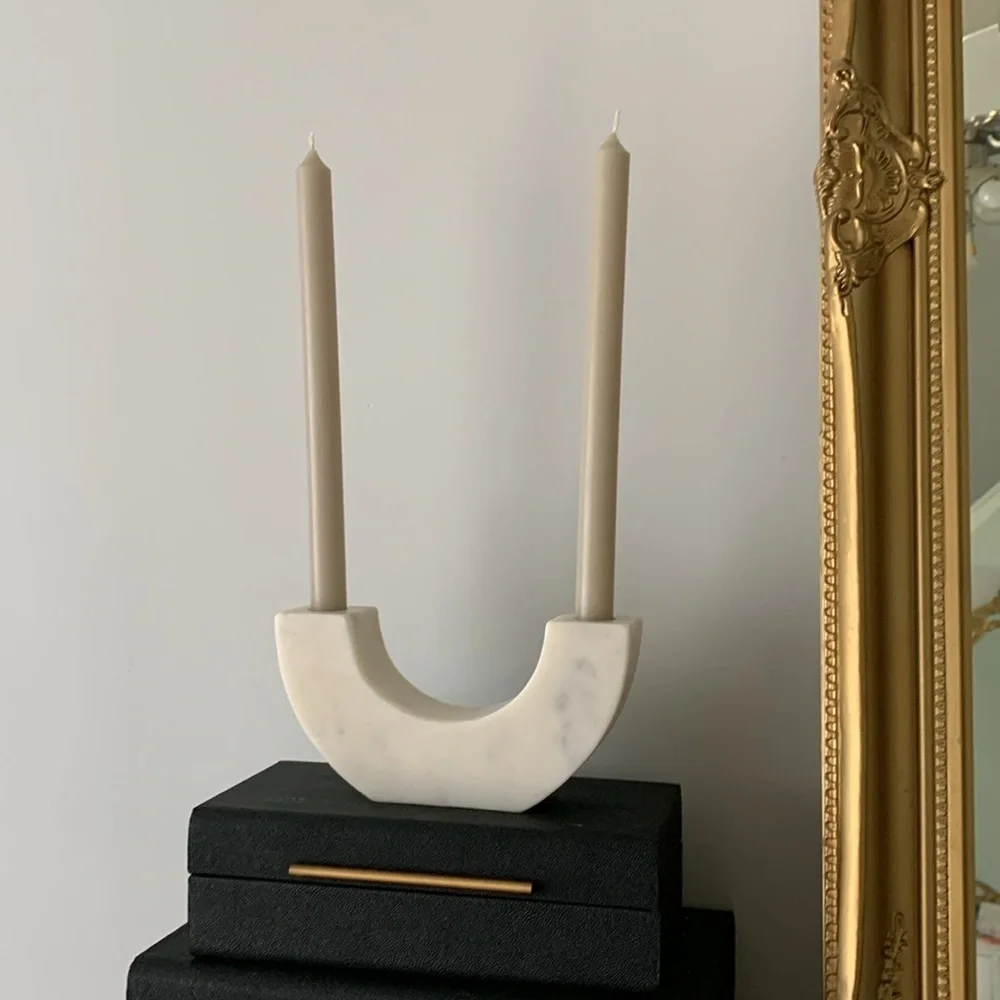NWT*Threshold Marble taper‎ candle holder short*White